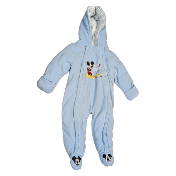 Disney Baby Fleece Snow Suit Size 6 - 9 Months Mickey Mouse Blue Thick Hood - Picture 1 of 10
